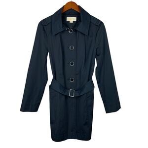 Michael Michael Kors Mid Length Trench Coat Black Belt Button Front Women's L